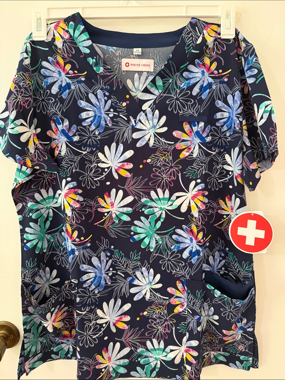 White Cross Navy Floral V-Neck Scrub Top with Multicolor Blooms